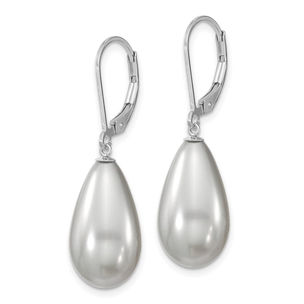 QMJET10G Majestik Sterling Silver Rhodium-plated 10x18mm Teardrop Grey Imitation Shell Pearl Leverback Dangle Earrings