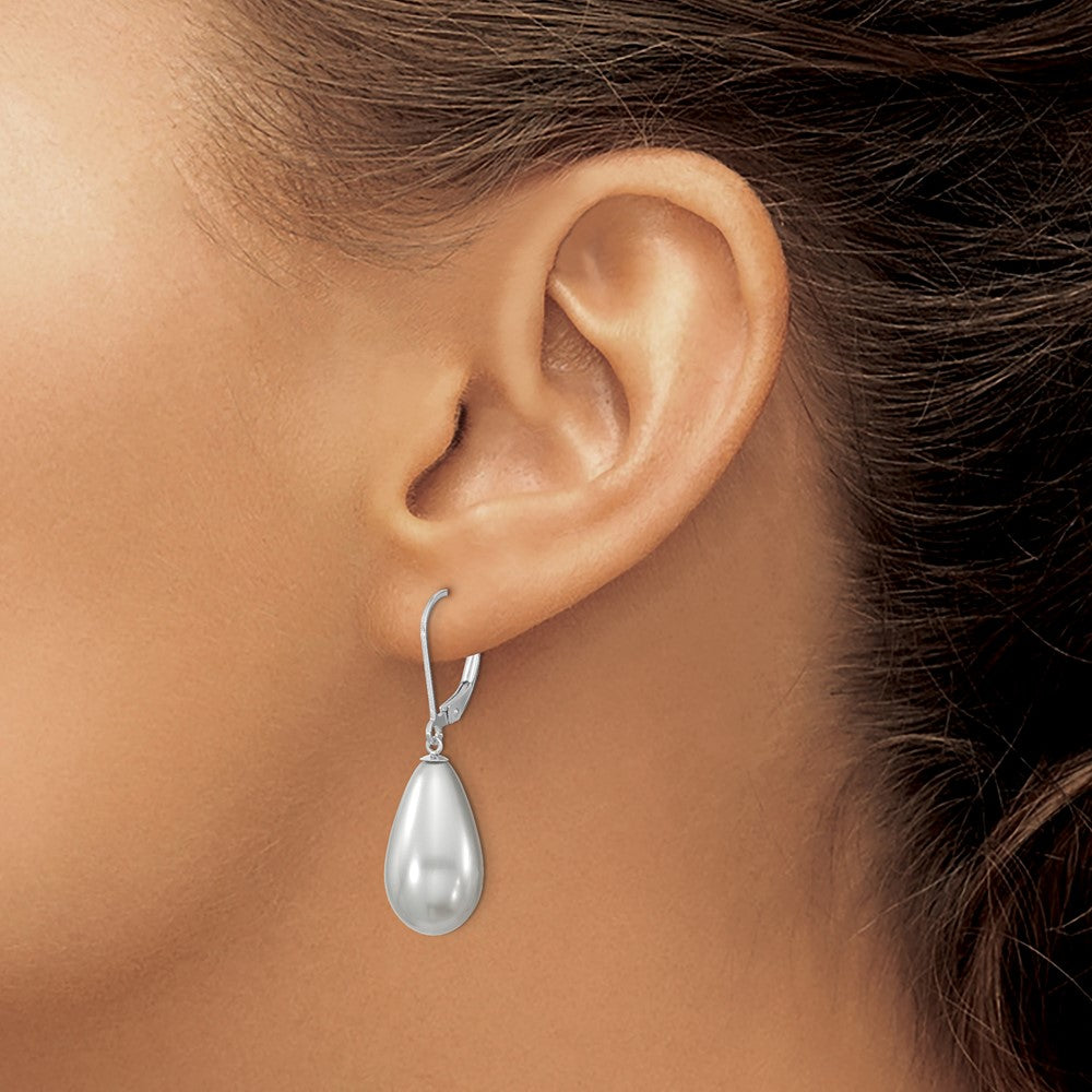 QMJET10G Majestik Sterling Silver Rhodium-plated 10x18mm Teardrop Grey Imitation Shell Pearl Leverback Dangle Earrings