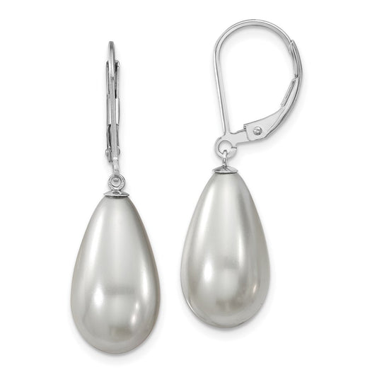 QMJET10G Majestik Sterling Silver Rhodium-plated 10x18mm Teardrop Grey Imitation Shell Pearl Leverback Dangle Earrings