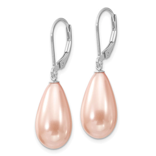 QMJET10P Majestik Sterling Silver Rhodium-plated 10x18mm Teardrop Pink Imitation Shell Pearl Leverback Dangle Earrings