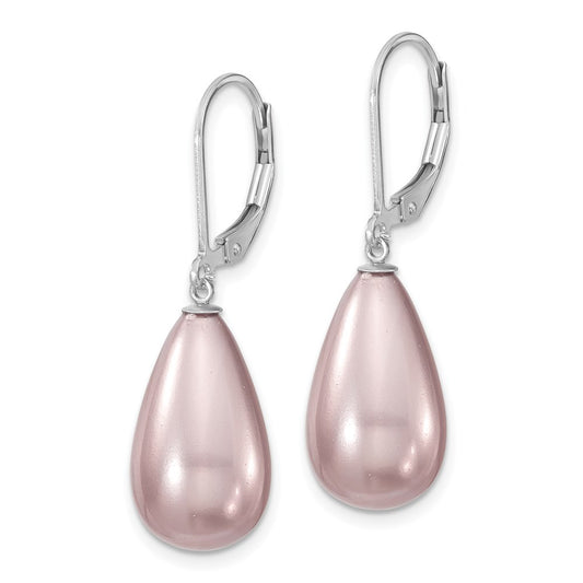 QMJET10PU Majestik Sterling Silver Rhodium-plated 10x18mm Teardrop Purple Imitation Shell Pearl Leverback Dangle Earrings