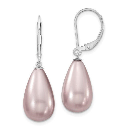 QMJET10PU Majestik Sterling Silver Rhodium-plated 10x18mm Teardrop Purple Imitation Shell Pearl Leverback Dangle Earrings