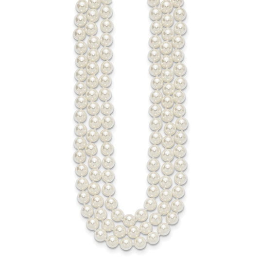 Majestik Sterling Silver Rhodium-plated 3 Row 10-11mm White Imitation Shell Pearl Hand-knotted Necklace QMJN310W-18