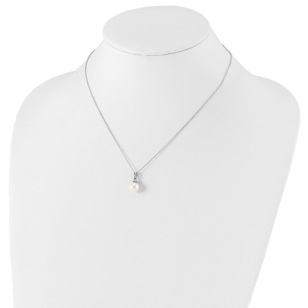 Majestik Sterling Silver Rhodium-plated 8-9mm White Imitation Shell Pearl CZ Spring Ring Clasp 17 inch Necklace QMJN801W-17