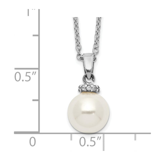 Majestik Sterling Silver Rhodium-plated 8-9mm White Imitation Shell Pearl CZ Spring Ring Clasp 17 inch Necklace QMJN801W-17