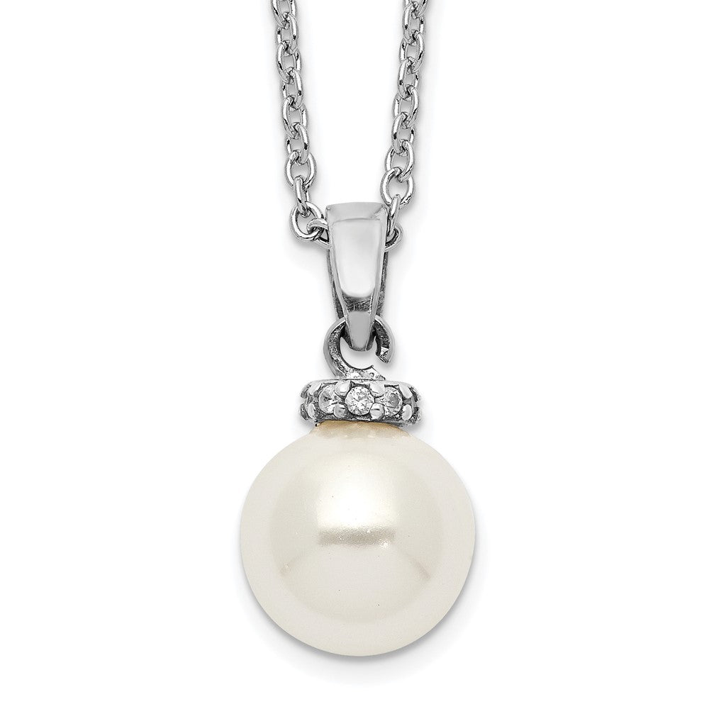 Majestik Sterling Silver Rhodium-plated 8-9mm White Imitation Shell Pearl CZ Spring Ring Clasp 17 inch Necklace QMJN801W-17