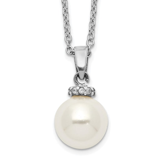 Majestik Sterling Silver Rhodium-plated 8-9mm White Imitation Shell Pearl CZ Spring Ring Clasp 17 inch Necklace QMJN801W-17
