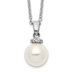 Majestik Sterling Silver Rhodium-plated 8-9mm White Imitation Shell Pearl CZ Spring Ring Clasp 17 inch Necklace QMJN801W-17