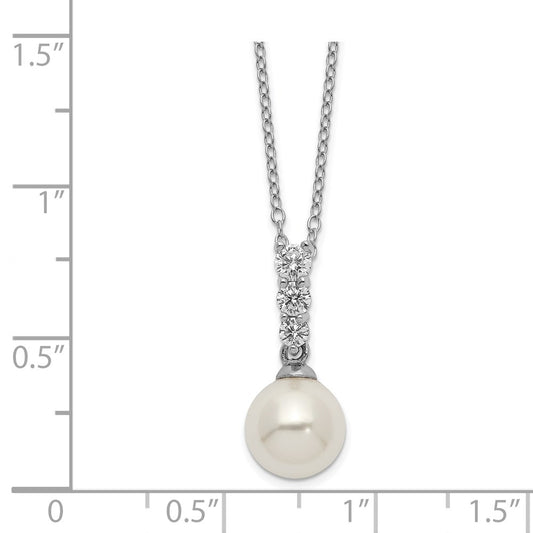 Majestik Sterling Silver Rhodium-plated 8-9mm Imitation Shell Pearl CZ Spring Ring Clasp 17 inch Necklace QMJN804W-17