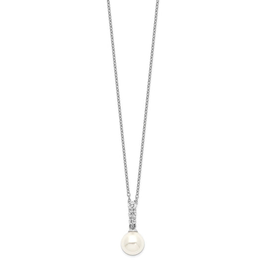 Majestik Sterling Silver Rhodium-plated 8-9mm Imitation Shell Pearl CZ Spring Ring Clasp 17 inch Necklace QMJN804W-17