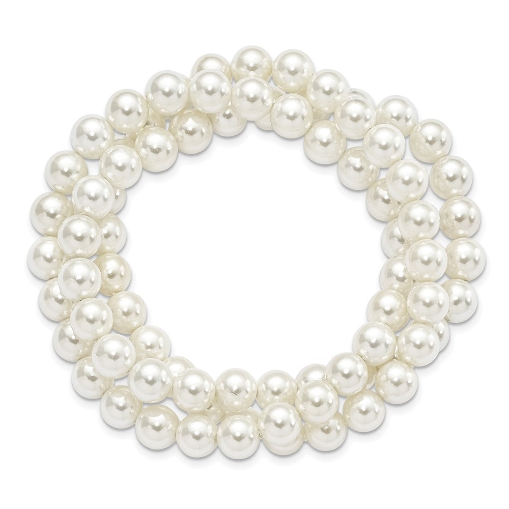 Majestik 7-8mm White Imitation Shell Pearl Hand-knotted Set of 3 Stretch Bracelets QMJS700W