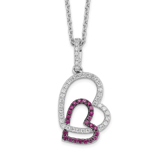 Brilliant Embers Sterling Silver Rhodium-plated 62 Stone 18 inch Micro Pav������ Red and White CZ Heart Necklace with 2 Inch Extender QMP1096-18