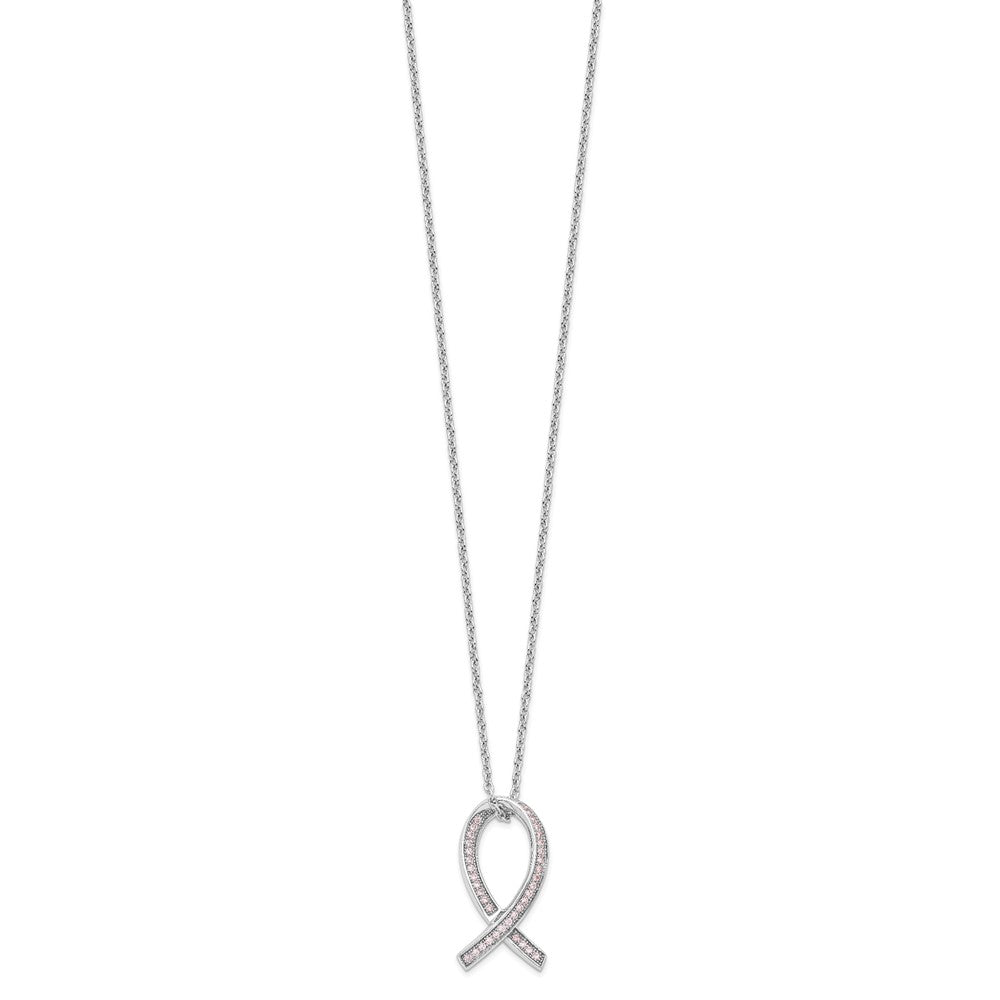 Brilliant Embers Sterling Silver Rhodium-plated 38 Stone 18 inch Micro Pav������ Pink CZ Awareness Ribbon Necklace with 2 Inch Extender QMP1124-18