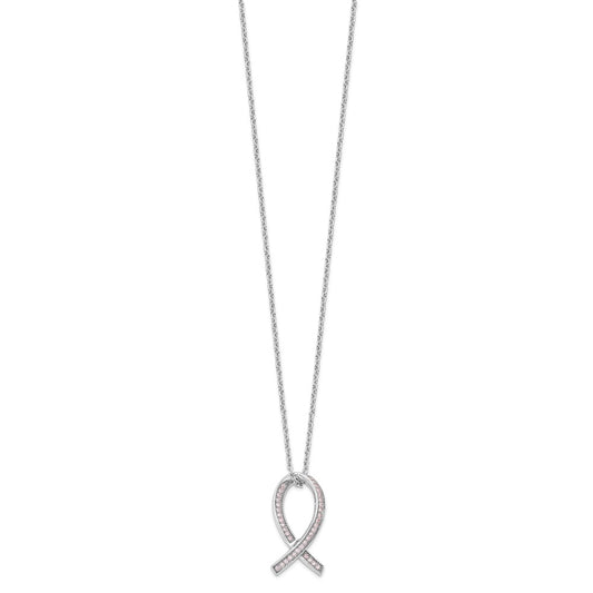 Brilliant Embers Sterling Silver Rhodium-plated 38 Stone 18 inch Micro Pav������ Pink CZ Awareness Ribbon Necklace with 2 Inch Extender QMP1124-18