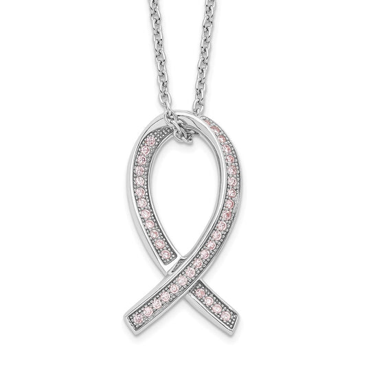 Brilliant Embers Sterling Silver Rhodium-plated 38 Stone 18 inch Micro Pav������ Pink CZ Awareness Ribbon Necklace with 2 Inch Extender QMP1124-18