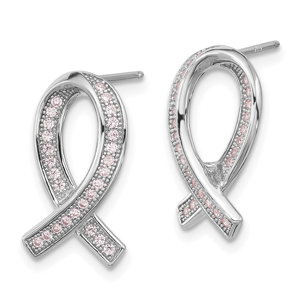 QMP1128 Brilliant Embers Sterling Silver Rhodium-plated 52 Stone Micro Pav������ Pink CZ Awareness Ribbon Post Earrings