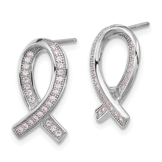 QMP1128 Brilliant Embers Sterling Silver Rhodium-plated 52 Stone Micro Pav������ Pink CZ Awareness Ribbon Post Earrings