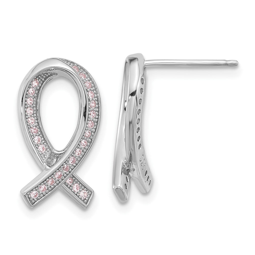 QMP1128 Brilliant Embers Sterling Silver Rhodium-plated 52 Stone Micro Pav������ Pink CZ Awareness Ribbon Post Earrings