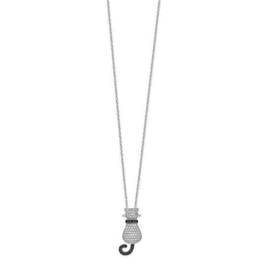 Brilliant Embers Sterling Silver Rhodium-plated 80 Stone 18 inch Micro Pav������ Black and White CZ Polished Cat Necklace with 2 Inch Extender QMP1148-18