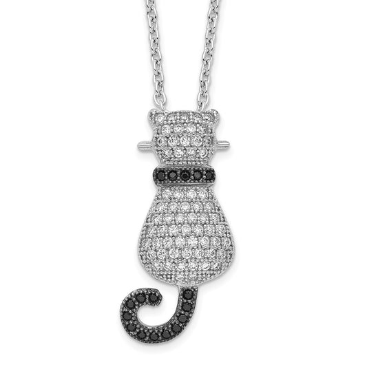 Brilliant Embers Sterling Silver Rhodium-plated 80 Stone 18 inch Micro Pav������ Black and White CZ Polished Cat Necklace with 2 Inch Extender QMP1148-18