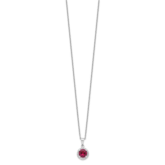 Brilliant Embers Sterling Silver Rhodium-plated 20 Stone 18 inch Red Corundum and Clear CZ Halo Necklace with 2 Inch Extender QMP1341-18
