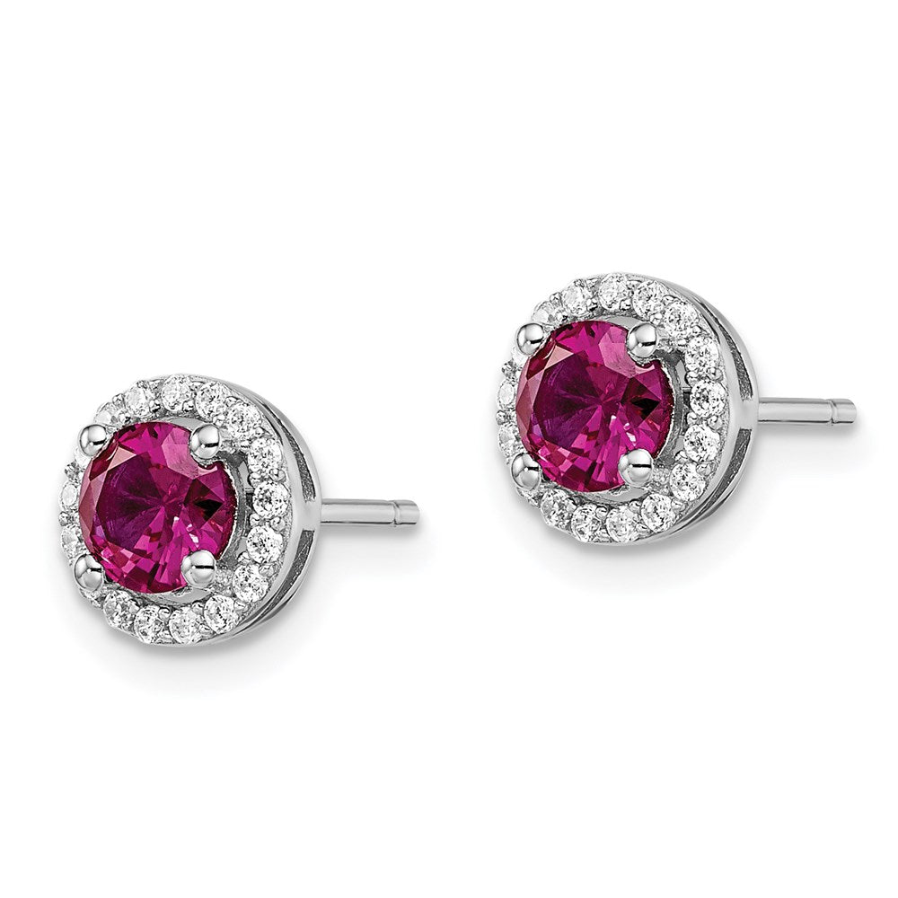 QMP1342 Brilliant Embers Sterling Silver Rhodium-plated 34 Stone CZ and Red Corundum Post Stud Halo Earrings