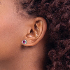 QMP1342 Brilliant Embers Sterling Silver Rhodium-plated 34 Stone CZ and Red Corundum Post Stud Halo Earrings