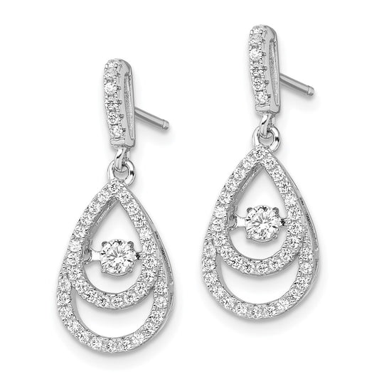 QMP1398 Brilliant Embers Sterling Silver Rhodium-plated 82 Stone CZ Moving Center Pear Shaped Vibrant CZ with Micro Pav�� CZ Dangle Post Earrings