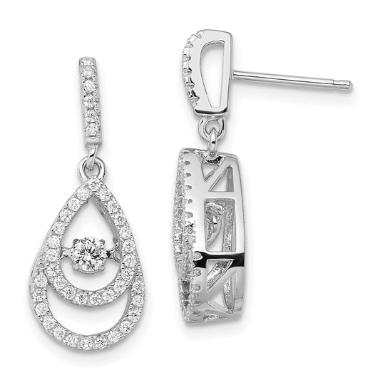 QMP1398 Brilliant Embers Sterling Silver Rhodium-plated 82 Stone CZ Moving Center Pear Shaped Vibrant CZ with Micro Pav�� CZ Dangle Post Earrings