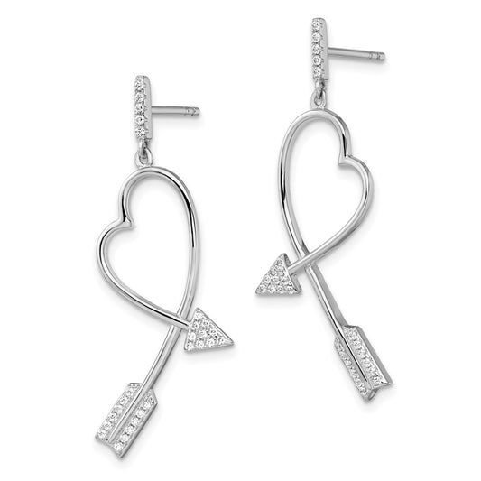 QMP1454 Brilliant Embers Sterling Silver Rhodium-plated 54 Stone Micro Pav�� CZ Arrow Heart Dangle Post Earrings