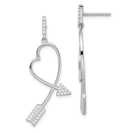 QMP1454 Brilliant Embers Sterling Silver Rhodium-plated 54 Stone Micro Pav�� CZ Arrow Heart Dangle Post Earrings