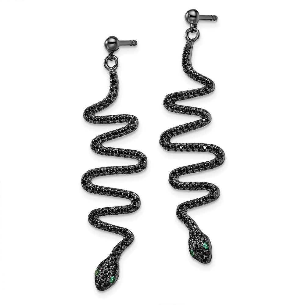 QMP1459 Brilliant Embers Sterling Silver Rhodium-plated 170 Stone Green and Black Spinel Snake Post Dangle Earrings