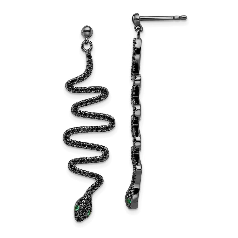 QMP1459 Brilliant Embers Sterling Silver Rhodium-plated 170 Stone Green and Black Spinel Snake Post Dangle Earrings