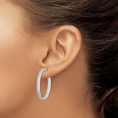QMP324 Sterling Shimmer Sterling Silver Rhodium-plated 304 Stone Pav�� 1.5mm CZ In and Out Round Hinged Hoop Earrings