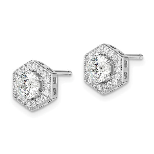 QMP392 Brilliant Embers Sterling Silver Rhodium-plated 38 stone Micro Pav������ CZ Halo Hexagon Post Earrings