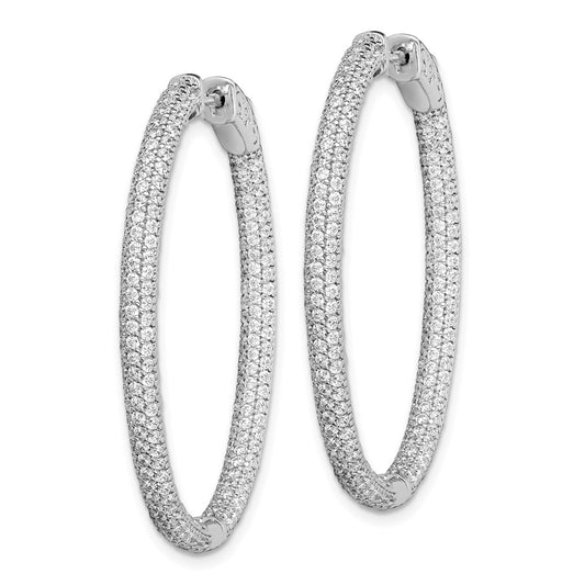 QMP589 Sterling Shimmer Sterling Silver Rhodium-plated 400 Stone Pav�� 1.1mm CZ In and Out Oval Hinged Hoop Earrings