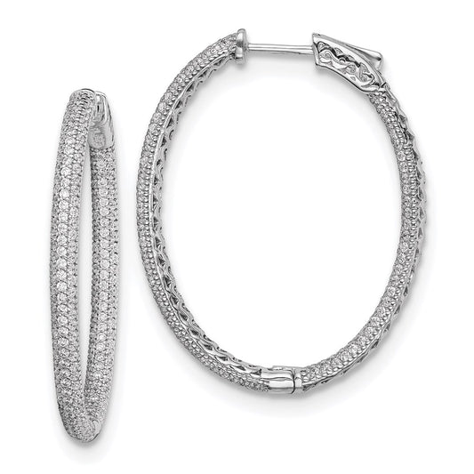 QMP589 Sterling Shimmer Sterling Silver Rhodium-plated 400 Stone Pav�� 1.1mm CZ In and Out Oval Hinged Hoop Earrings