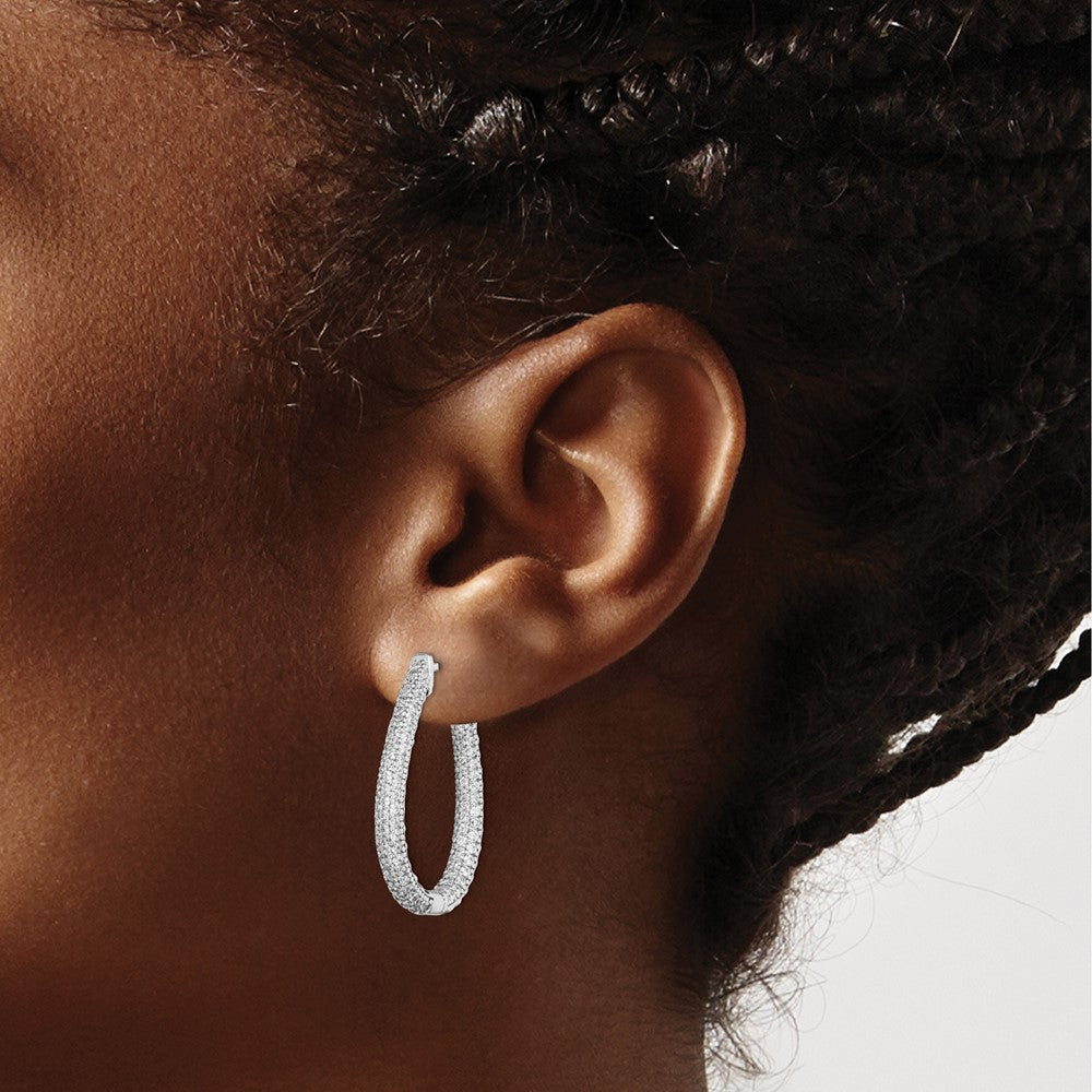 QMP590 Sterling Shimmer Sterling Silver Rhodium-plated 242 Stone Pav�� 1.2mm-1.5mm CZ In and Out Teardrop Hinged Hoop Earrings