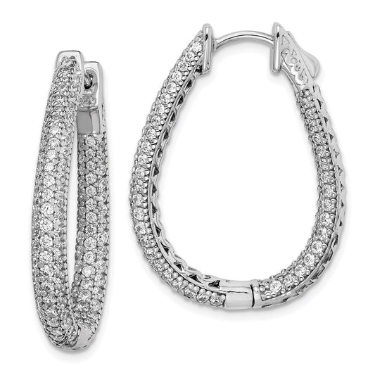 QMP590 Sterling Shimmer Sterling Silver Rhodium-plated 242 Stone Pav�� 1.2mm-1.5mm CZ In and Out Teardrop Hinged Hoop Earrings