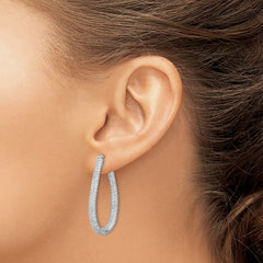 QMP591 Sterling Shimmer Sterling Silver Rhodium-plated 308 Stone Pav�� 1.2mm-1.5mm CZ In and Out Teardrop Hinged Hoop Earrings