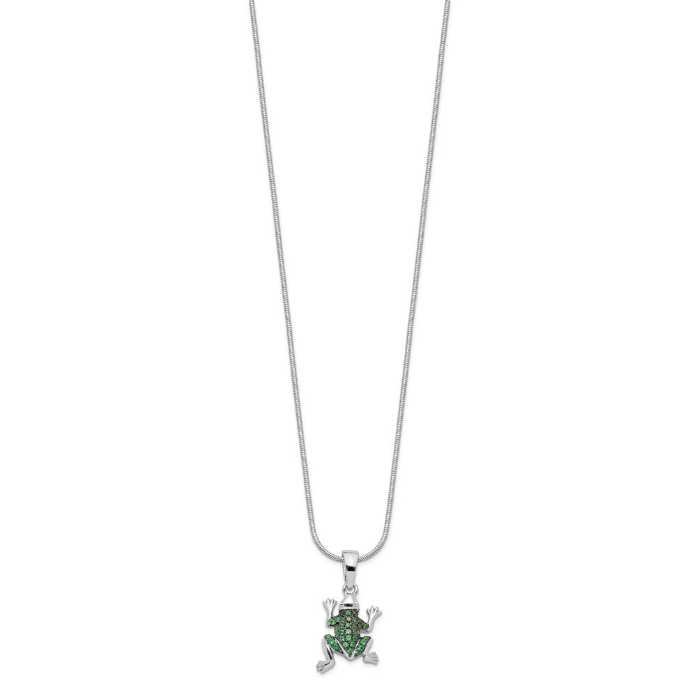 Brilliant Embers Sterling Silver Rhodium-plated 34 Stone 18 inch Micro Pav������ Green CZ Frog Necklace with 2 Inch Extender QMP830-18