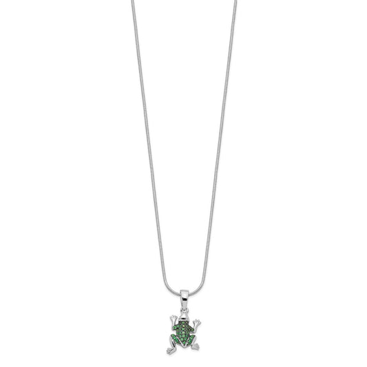 Brilliant Embers Sterling Silver Rhodium-plated 34 Stone 18 inch Micro Pav������ Green CZ Frog Necklace with 2 Inch Extender QMP830-18