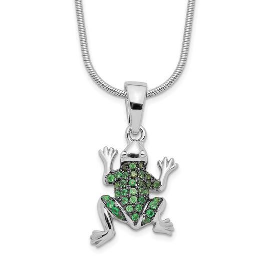 Brilliant Embers Sterling Silver Rhodium-plated 34 Stone 18 inch Micro Pav������ Green CZ Frog Necklace with 2 Inch Extender QMP830-18