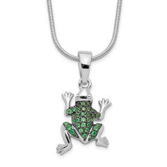 Brilliant Embers Sterling Silver Rhodium-plated 34 Stone 18 inch Micro Pav������ Green CZ Frog Necklace with 2 Inch Extender QMP830-18