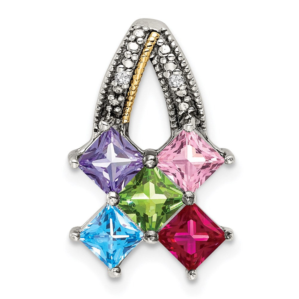 Sterling Silver Antiqued w/14k 5-stone w/Diamond Mother's Pendant QMPD12_5--6
