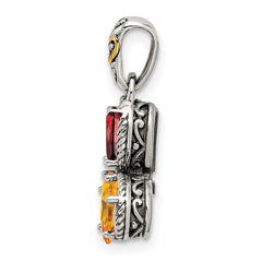 Sterling Silver Antiqued w/14k 3-stone w/Diamond Mother's Pendant QMPD20_3--6