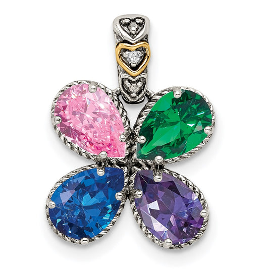 Sterling Silver Antiqued w/14k 4-stone w/Diamond Mother's Pendant QMPD20_4--6
