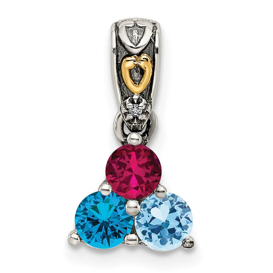 Sterling Silver Antiqued w/14k 3-stone w/Diamond Mother's Pendant QMPD23_3--6