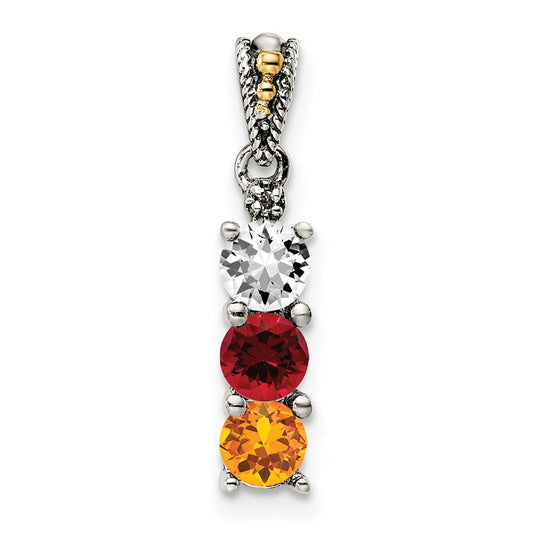 Sterling Silver Antiqued w/14k 3-stone w/Diamond Mother's Pendant QMPD24_3--6