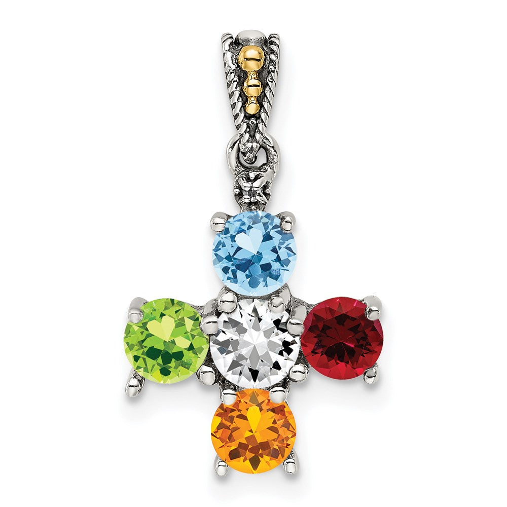 Sterling Silver Antiqued w/14k 5-stone w/Diamond Mother's Pendant QMPD24_5--6